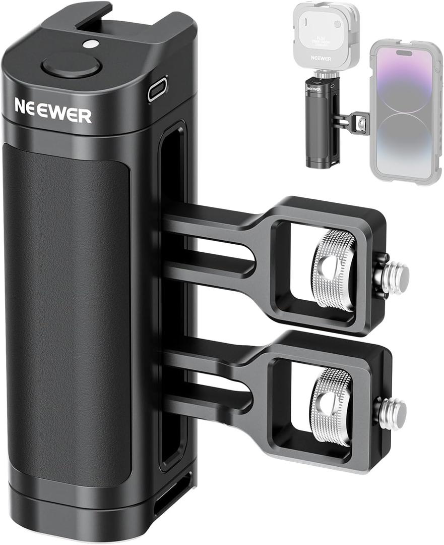 NEEWER Side Handle Grip with Wireless Remote Control Button Shutter Trigger for Smartphone Cage Video Rig, 2 Mount Adapters with 1/4" Screws & Locating Pins, Compatible with SmallRig Cages, PA005E Black