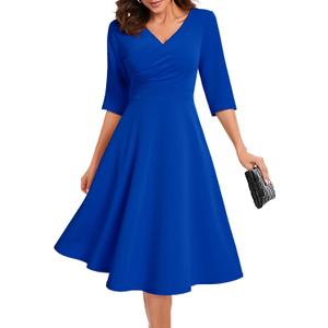 Bbonlinedress Midi Cocktail Dress Formal Wedding Guest 3/4 Sleeve Church V-Neck Work A-Line Swing Tea Party Dress (Blue, L)