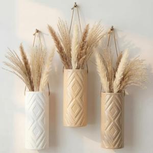 Ceramic Boho Wall Vases Set of 3, 7.9 Inch Modern Hanging Vase for Living Room Bedroom, Farmhouse Art Wall Decor Geometric Minimalist Hanging Flower Vase, Women