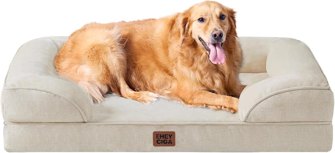 EHEYCIGA Orthopedic Dog Beds for Extra Large Dogs, Waterproof Memory Foam XL Pet Bed with Sides, Non-Slip Bottom and Egg-Crate Foam Big Dog Couch Bed with Washable Removable Cover, Beige (44.0"L x 32.0"W x 6.5"Th)