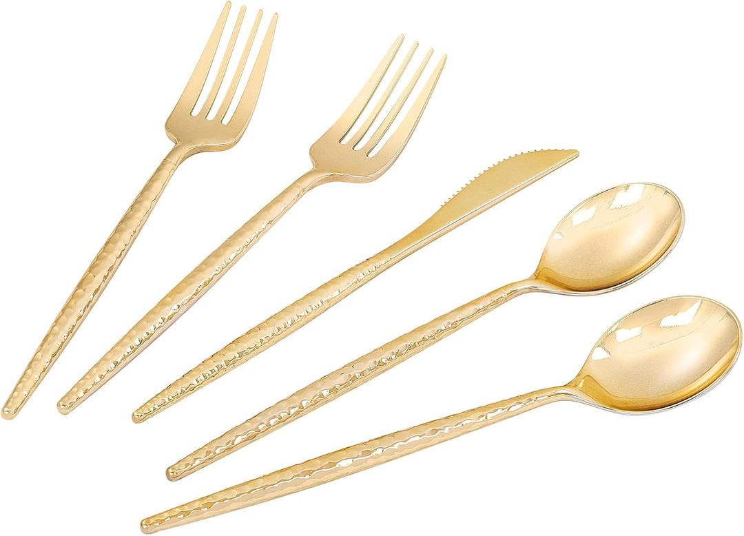LIYH 102 Pcs Gold Plastic Silverware Cutlery Sets - Disposable Plastic Silverware Heavy duty, Disposable Utensil Sets, 34 of Each Forks, Knives & Spoons Flatware Set for Party Birthday