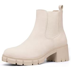 IDIFU IN2 Chelsea Boots Women Ankle Boots for Women Platform Low Chunky Block Heel Lug Sole Round Toe Fall Dress Boots for Women Comfortable Fashion Booties Cute Office Elastic Short Heeled Boots, Size 8