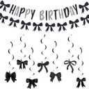 Black Bow Birthday Party Decorations, Bow 'HAPPY BIRTHDAY' Banner,Garland Banner, Hanging Swirls Party Decorations for Girls and Boy