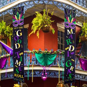 Blulu Mardi Gras Decoration Set Mardi Gras Porch Sign Welcome Banner Hanging Decoration for Indoor/Outdoor Front Door Home Masquerade Party
