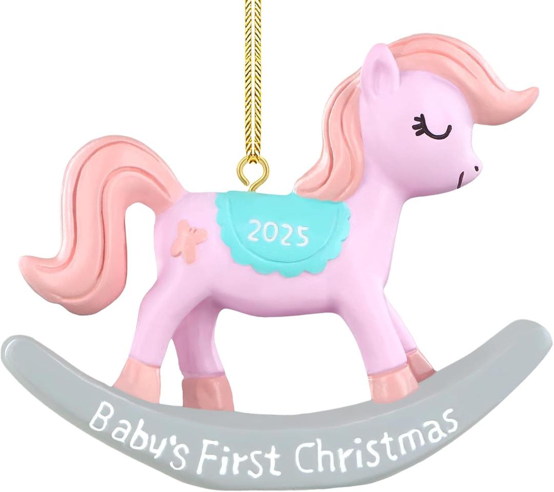 FLYAB 2025 Baby's First Christmas Ornaments Xmas Gifts for Women Pink Resin Rocking Horse Ornament for Christmas Tree Car Birthday Party Decorations Memorial Gifts for Kids Teens Friend