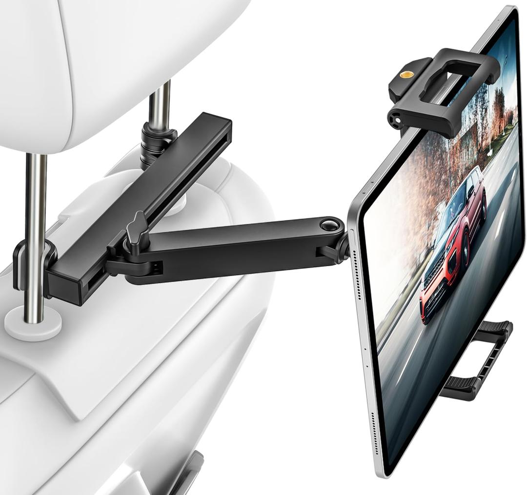 Car Headrest Tablet Holder, [Large Clamp] [Thick Case Friendly] Tablet Mount for Car Back Seat, Road Trip Essentials for Kids Accessories, for iPad Pro Air Mini, Galaxy, Fire HD, 6-15.6" Device