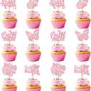 12Pcs Butterfly Cupcake Toppers,Pink Glitter Cake Toppers Baby Shower Cupcake Picks for Coquette Theme Party Decoration Engagement Wedding Baby Shower Party Cupcake Decor