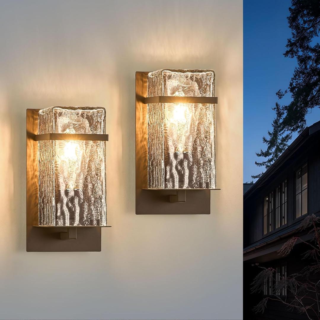 2-Pack Outdoor Wall Light, Brown Exterior Waterproof Lanterns,Porch Sconces Wall Mounted Lighting with E26 Sockets & Textured Glass Shades, for Garage,Doorway,Patio,Front Door