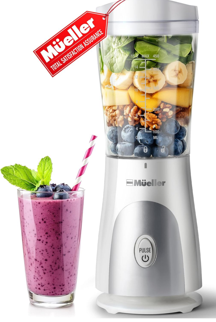 Mueller Smoothie Blender for Smoothies - Personal Blender for Shakes, Frozen Drinks, Baby Food & More, 15oz Travel Cup and Lid, Durable Stainless Steel Blades for Powerful Blending Performance, White