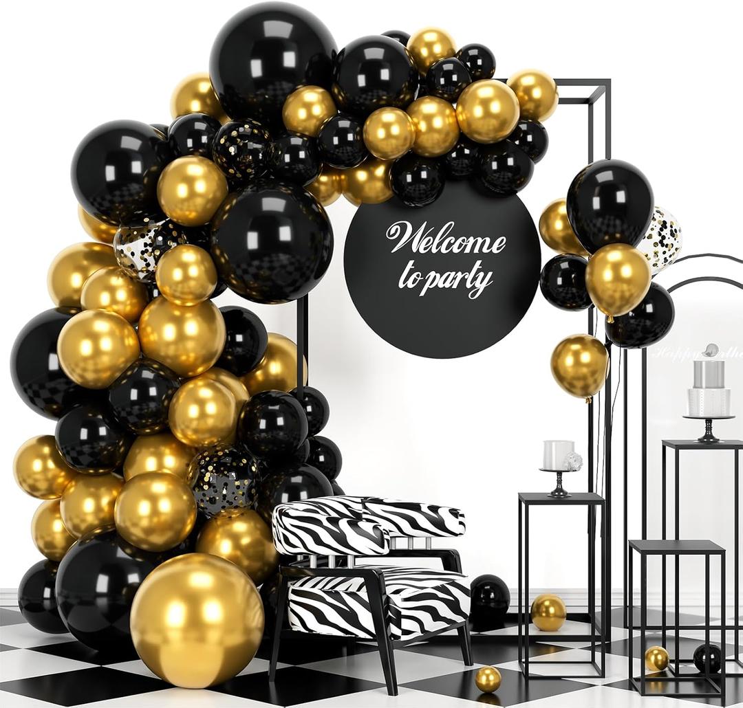 Black and Gold Balloons Garland Kit, 124 Pieces Metallic Chrome Gold Balloon for Birthday Party, Wedding, Baby Shower, Gradution, New Year Party Supplies Decorations