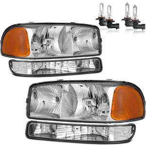 Headlights W/Bulbs for 1999-2007 GMC Sierra, for 2000-2006 GMC Yukon Halogen Headlamp Replacement Driver & Passenger Side