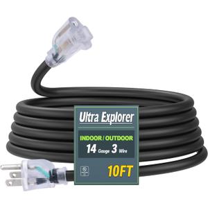 14/3 SJTW Heavy Duty Outdoor Extension Cord 10 ft - 3 Prong Black Power Cord Waterproof with Lighted Indicator for Garden and Major Appliances