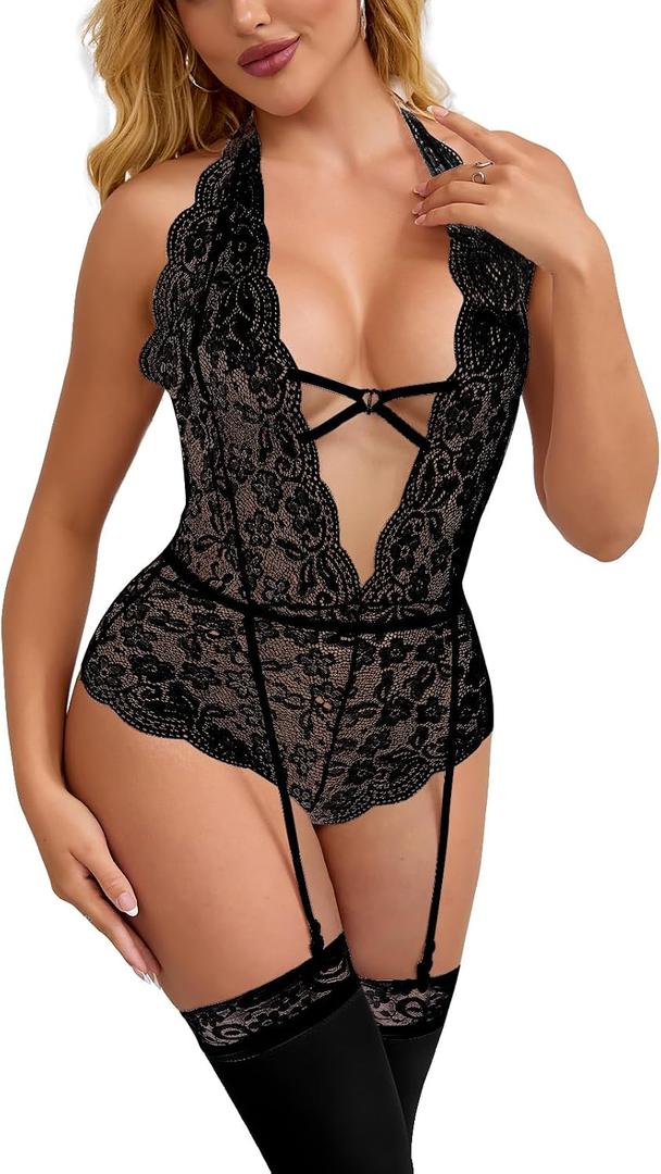 424 Women's Crotchless Lingerie Set Outfits Lace Bodysuit with Garter Belt Stockings Naughty Tedddy One Size fits most