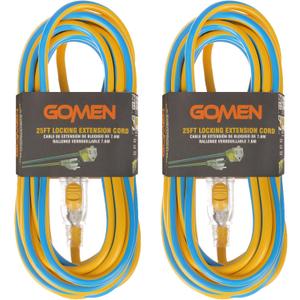 GOMEN 25 ft Extension Cord with Lighted Locking End - 14 AWG Gauge - 14/3 SJTW Heavy Duty for Outdoor/Indoor, 3 Prong Plug, Blue/Yellow Weather Resistant Jacket, for Major Tools and Appliances, 2 Pack