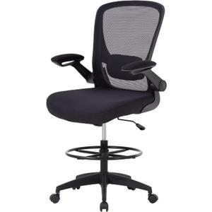 BestOffice Drafting Chair Tall Office Chair with Adjustable Foot Ring and Flip-Up Arms Computer Standing Desk Chair Executive Rolling Swivel Chair for Office & Home (24L*26W*50H, Black)