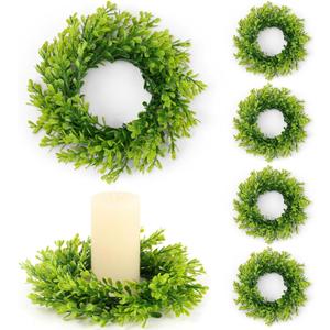 6 Pcs Artificial Boxwood Candle Rings Wreaths Mini Green Kitchen Cabinet Wreath Table Centerpieces Spring Summer Wreaths for Front Door Porch Outside All Season Farmhouse Wedding Party Decor