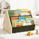 19" Kids Bookshelf, 6-Tier Double-Sided Book Shelf for Kids Rooms, Montessori Bookcase for Toddlers with 5 Deep Fabric Pockets, Natural Wood/Green Toy Storage Organizer for Nursery or Playroom