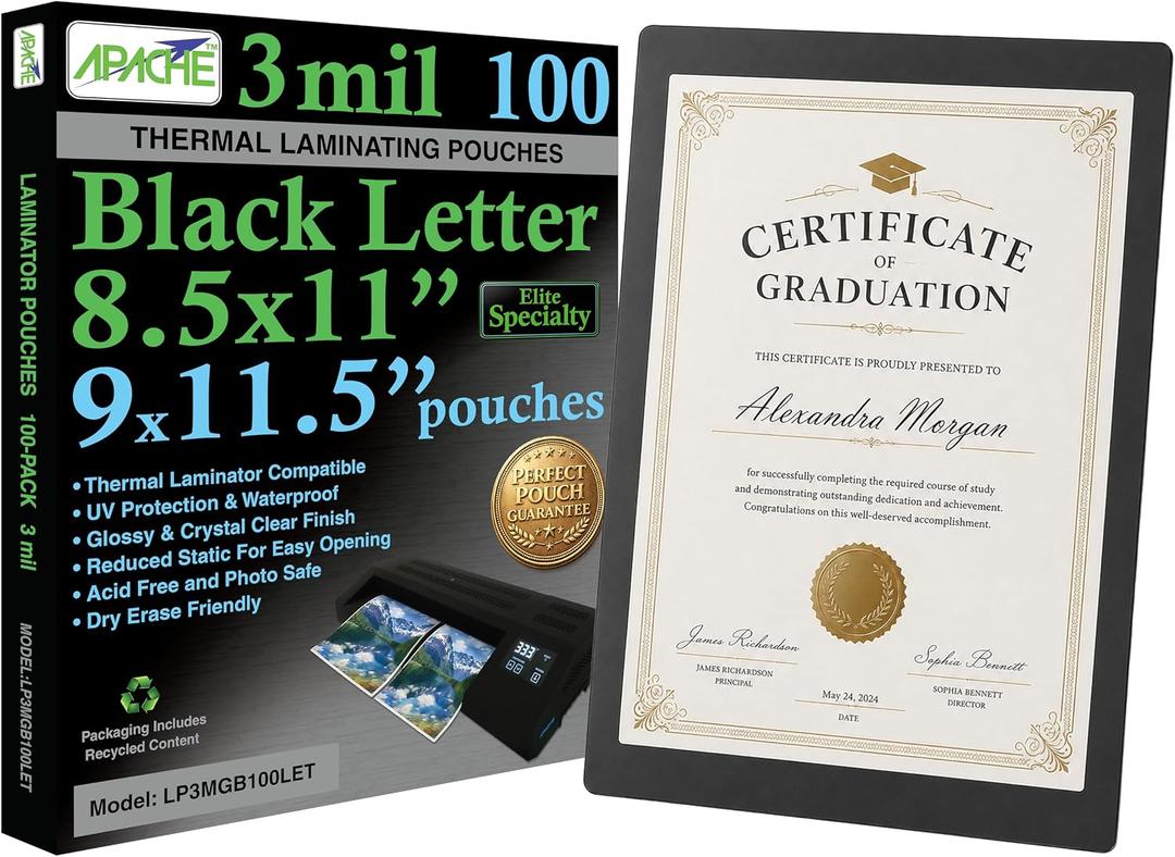 Apache Letter Size Black Back Laminating Pouches, 3 Mil, 100 Pack, Holds 8.5 x 11 Inch Projects (9 x 11.5 Inch Pouch Size), Thermal Laminator Compatible Colored Laminating Sheets, Elite Specialty Line