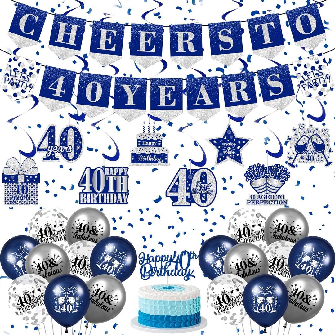 Blue 40th Birthday Decorations for Men Women Blue Silver 40th Birthday Banner Hanging Swirls Navy Blue 40th Birthday Balloons Happy 40th Birthday Cake Topper for Men Women 40th Birthday Party Supplies