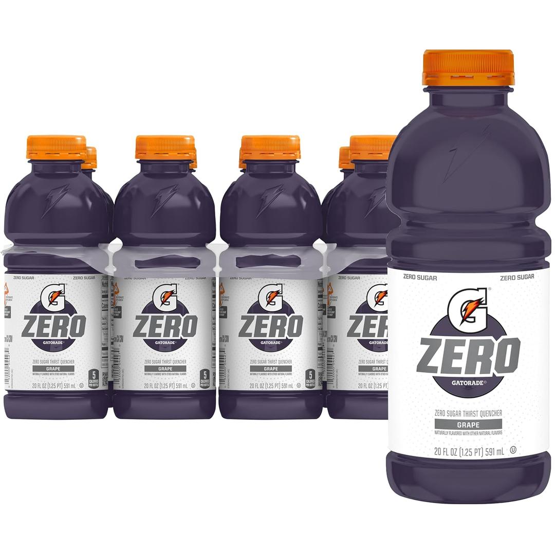 Gatorade Thirst Quencher Zero Sugar Sports Drink, Grape, 20oz Bottles, 8 Pack, Electrolytes for Rehydration (EXP 11/10/26)