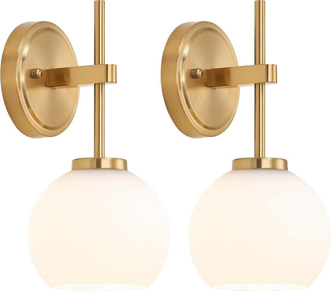 Gold Battery Operated Wall Sconce Set of 2, Wireless Rechargeable Sconces Wall Lighting with Remote Control, LED Dimmable Wall Lights with Opal White Glass Shade, 12 Colors RGB & 3 CCT Bulb