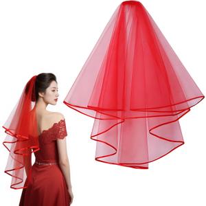 2 x Wedding Veil for Brides, 2 Tier Tulle Cathedral Bridal Veil with Comb for Women Wedding Bachelorette Party Halloween Costume, Red (Red)