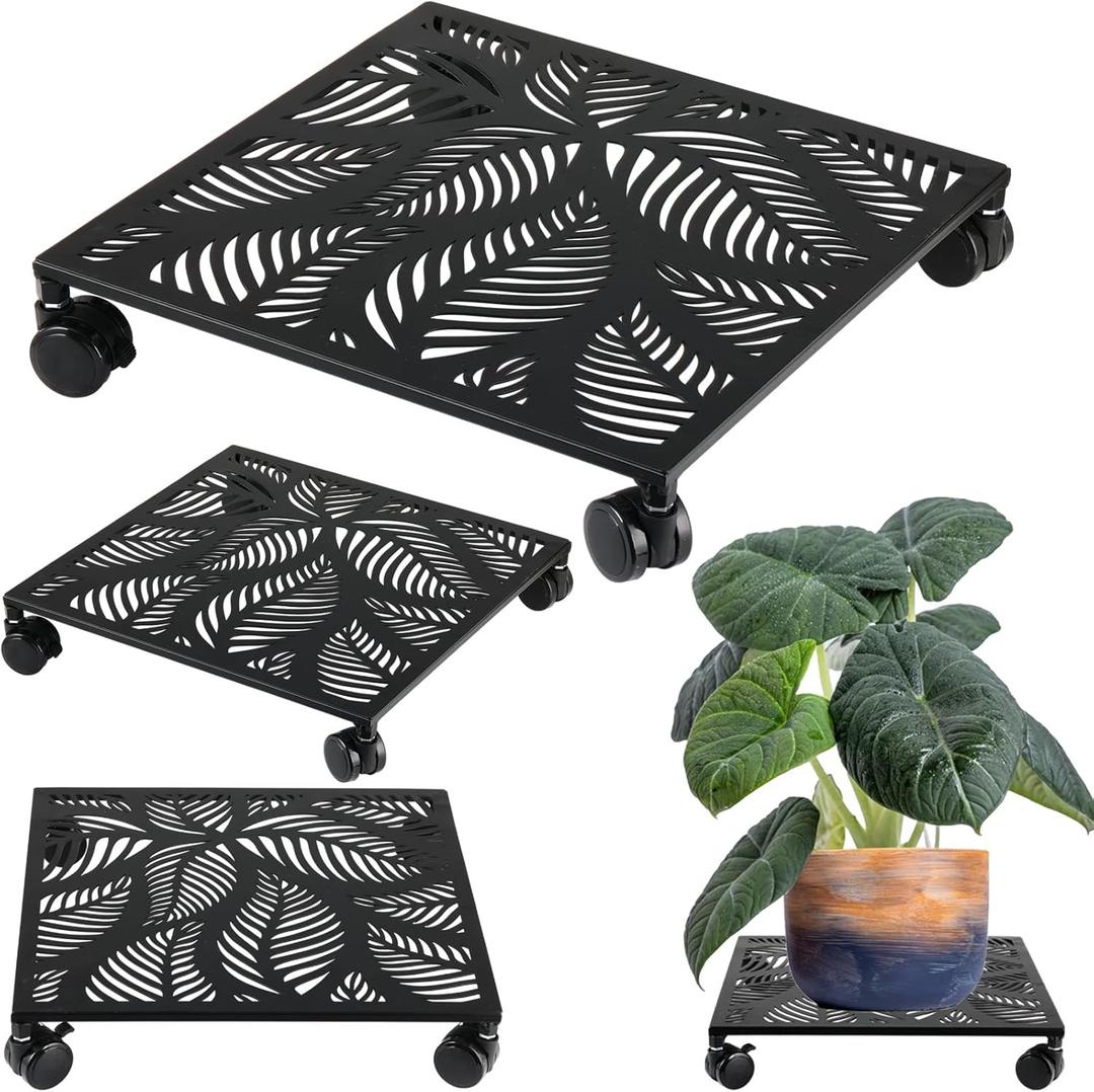 2 Pack 12 Inches Square Metal Plant Caddy with Wheels Heavy Duty Large Rolling Plant Stand Indoor Outdoor Wheeled Planter Dolly Cart with Lockable Casters Flower Pot Mover Roller Trolley, Black