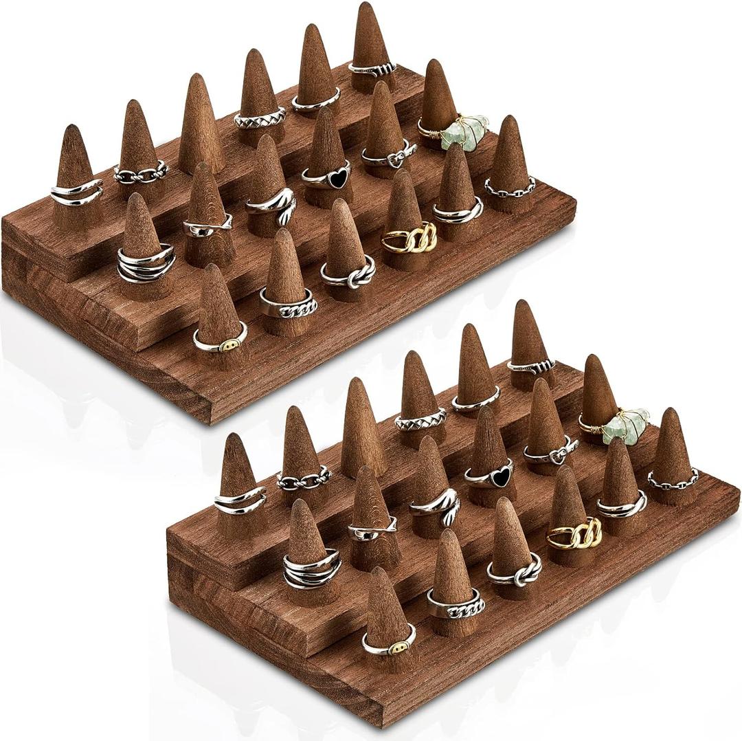 Juexica 2 Pcs Wooden Ring Display Ring Holder Display Stand for Jewelry Wood Jewelry Counter Showcase 3 Step Rings Organizer for 18 Rings Storage Selling (Brown)