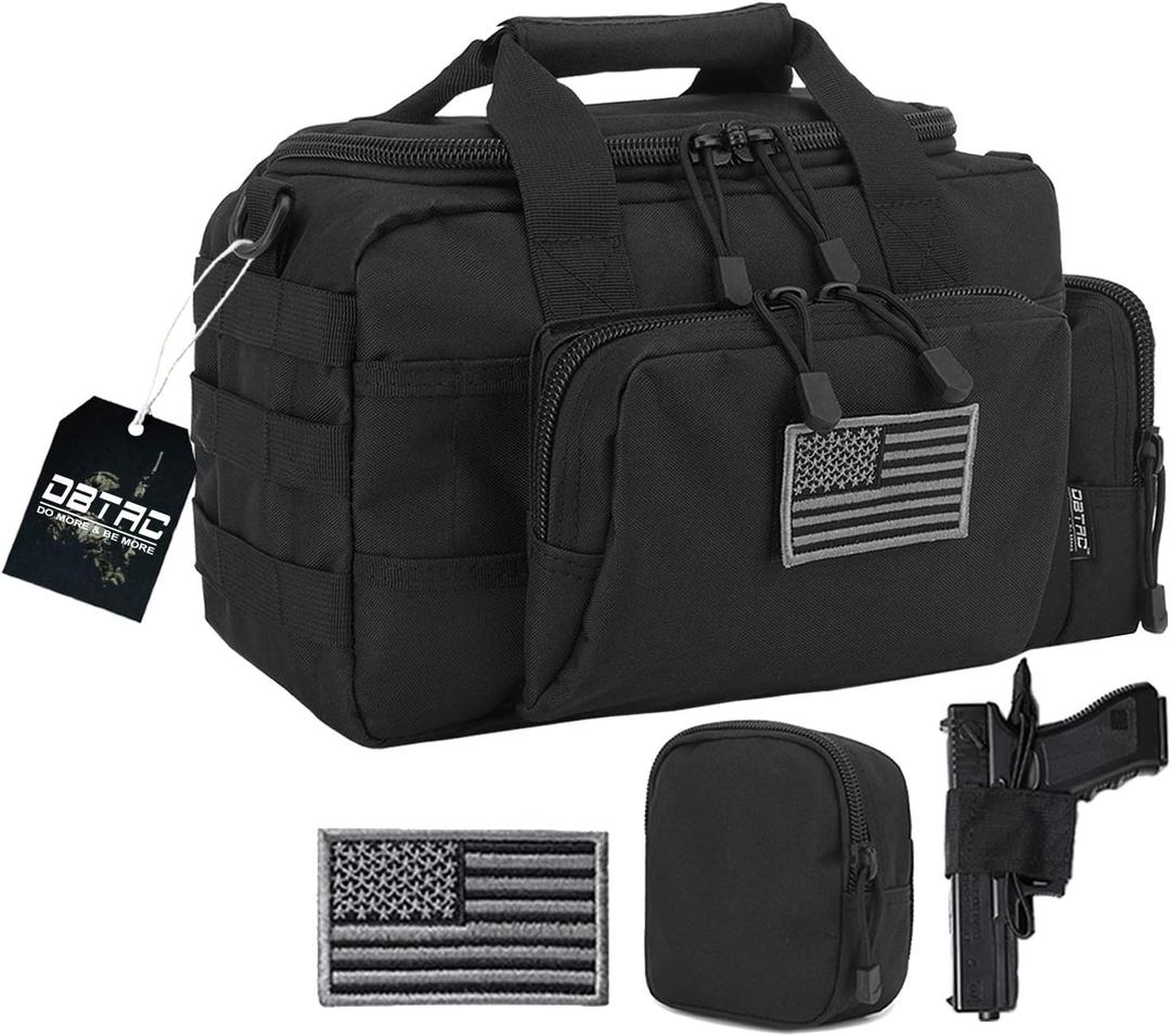 Gun Case Bag Small | Tactical 2-Pistol Bag Handgun Duffle Bag w/Lockable Zipper for Shooting Range Hunting Sports | US Flag Patch + MOLLE Pouch + Universal Holster Included (Black) (Gun Not Included)