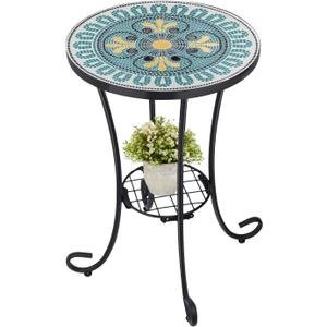 VCUTEKA Outdoor Side Table Mosaic Patio Table Accent Tables Mosaic Tile Top Metal Frame Small End Tables Porch Beach Patio Garden Balcony Green 14''
