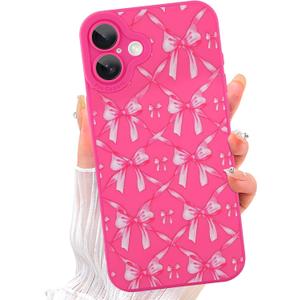ZIYE for iPhone 16 Case Hot Pink Bows Pattern Phone Case with Camera Protection, Soft TPU Silicone Rubber Protective Cover Cute Design Cases Compatible with iPhone 16 6.1 Inch