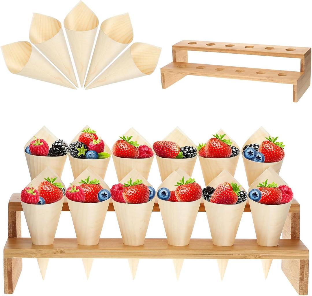 Queekay 100 Pcs Disposable Wooden Food Cones with 12 Holes Food Cone Display Stand Cone Holder for Charcuterie, Ice Cream, Catered Events, Party or Buffets(Straight,Bamboo)