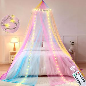 Lovelite Rainbow Bed Canopy for Girls, Canopy Bed Curtain with Warm White Star String Lights for Girls Bedroom, Dome Princess Canopy for Twin to King Size Kids Bed Decor