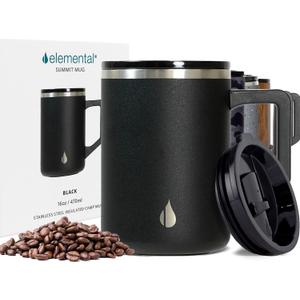 Elemental Insulated Coffee Mug - Triple-Wall Stainless Steel Summit Travel Cup for Hot and Cold Drinks - Thermal Coffee Mug with Lid and Handle for Camping, Office & Travel 16oz - Black Elemental Insulated Coffee Mug - Triple-Wall Stainless Steel Summit Travel Cup for Hot and Cold Drinks - Thermal Coffee Mug with Lid and Handle for Camping, Office & Travel 16oz - Black