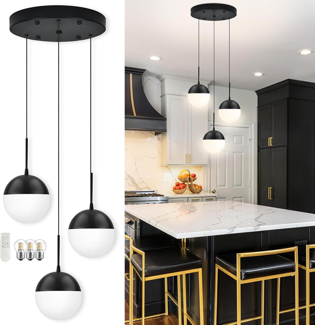 Black 3-Light Dimmable Modern Chandeliers for Dining Room Chandelier Frosted Milky White Glass Globe Height-Adjustable Cluster Pendant Lights Bedroom Dining Room (Bulb & Remote Incl)