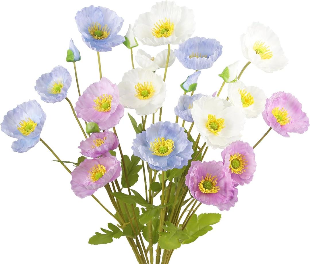 CISDUEO 6 Pcs Artificial Poppy Flowers Silk Flower Poppy with Stems Real Touch Faux Poppy Spring Flowers for Home Kitchen Wedding Decorations Floral Arrangement Table Centerpiece (Purple, Blue, White)