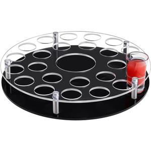 Peacoblue 25 Shot Glass Holder Tray with Heavy Base-Black, Clear Bar Circular Acrylic Cups Tray Holder Organizer with Central Bottle Slot Display Case for Parties, Clubs & Home Bars