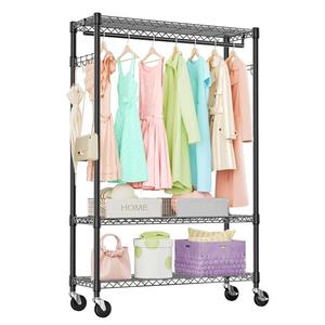 IZEUK 3 Tier Heavy Duty Rolling Garment Rack Wire Clothes Rack for Hanging Clothes, Metal Freestanding Closet Wardrobe Rack with 1 Rods and Wheels Black 15.7" D x 45.3" W x 75.6" H