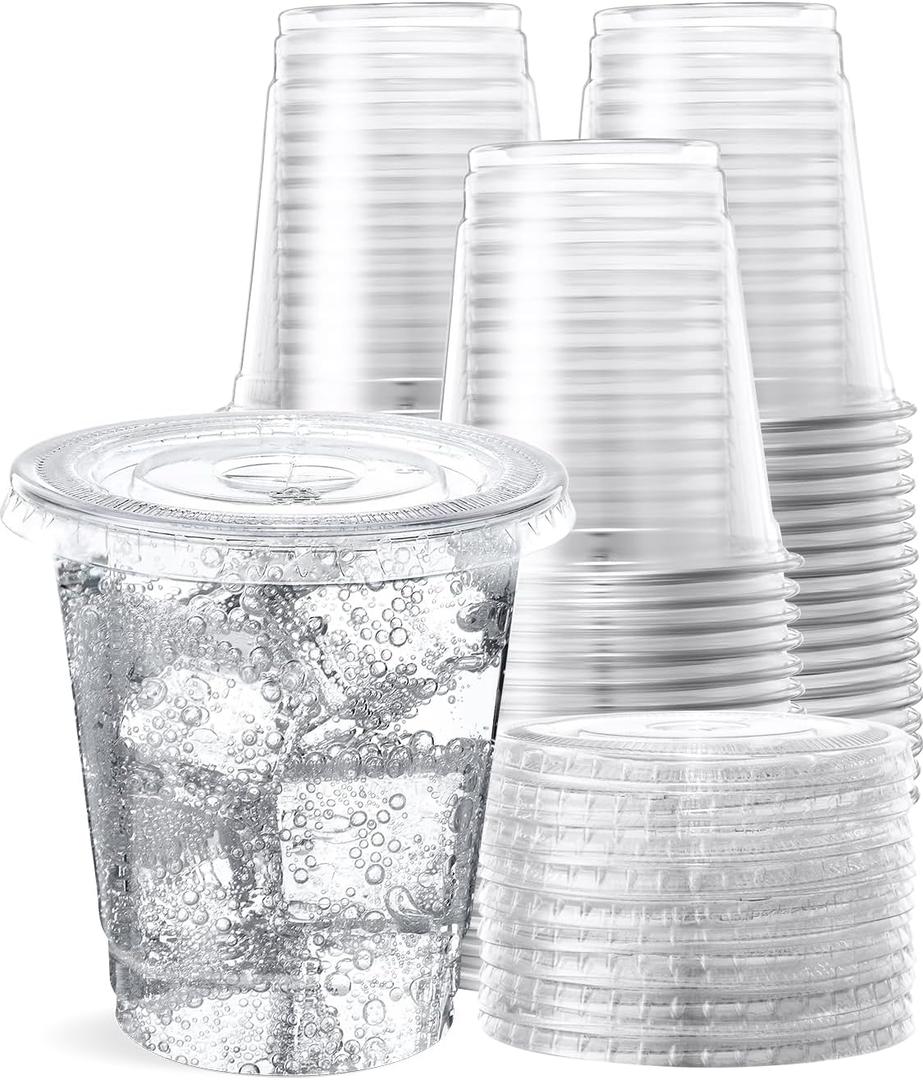 SHOPDAY Disposable Plastic Cups with Lids 8 oz Clear Plastic Cups 100 Pack, Cold Drink Containers Party Cups for Beverage Coffee Soda Juice Smoothie