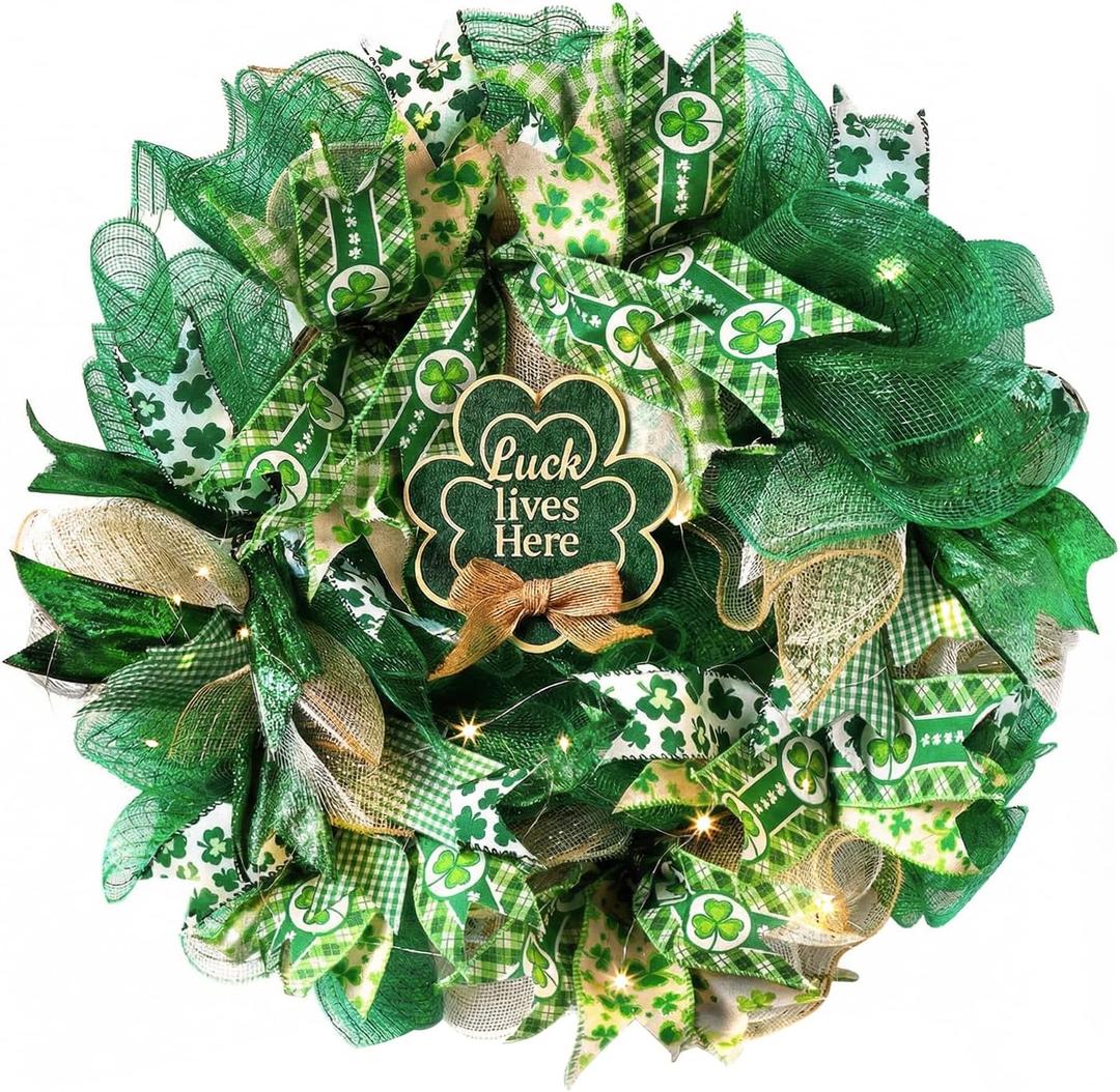 18 Inch St. Patrick's Day Decorations Wreath, Handcrafted Shamrock Wreath for Front Door with Light, Clover Artificial Design, Lucky Irish Porch Decor, Wall, Entry, Party Holiday Display