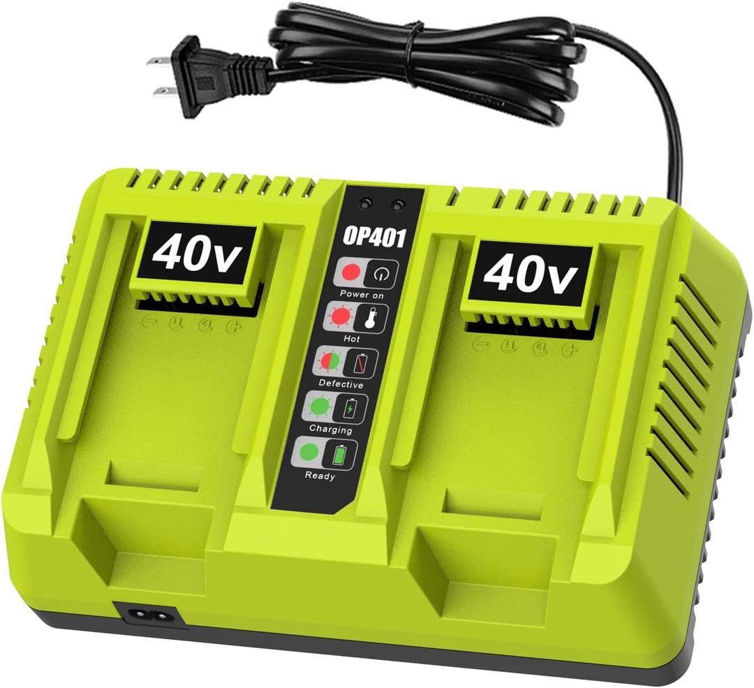 energup 2Port OP401 Charger for Ryobi 40 Volt Lithium Battery, Dual Ports Compatible with 40V OP4015 OP4026 OP4040 OP4050 OP4060, for Lith-ion Ryobi 40V Battery Charger