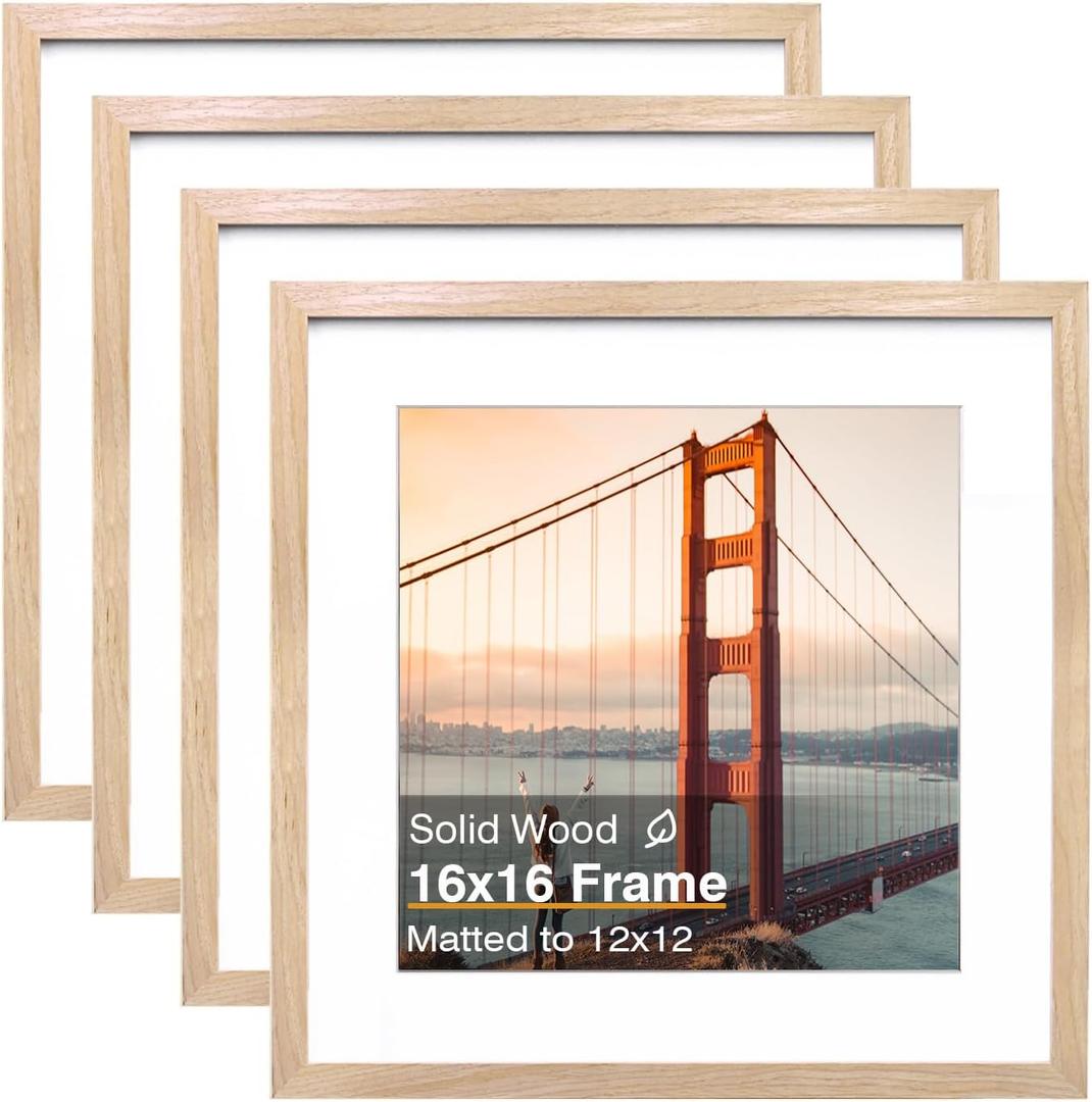 KINLINK 16x16 Picture Frame, Natural Square Solid Wood Frames for Pictures 12x12 with Mat or 16x16 without Mat, Wall Display Photo Frames Natural Wood 4 Pack