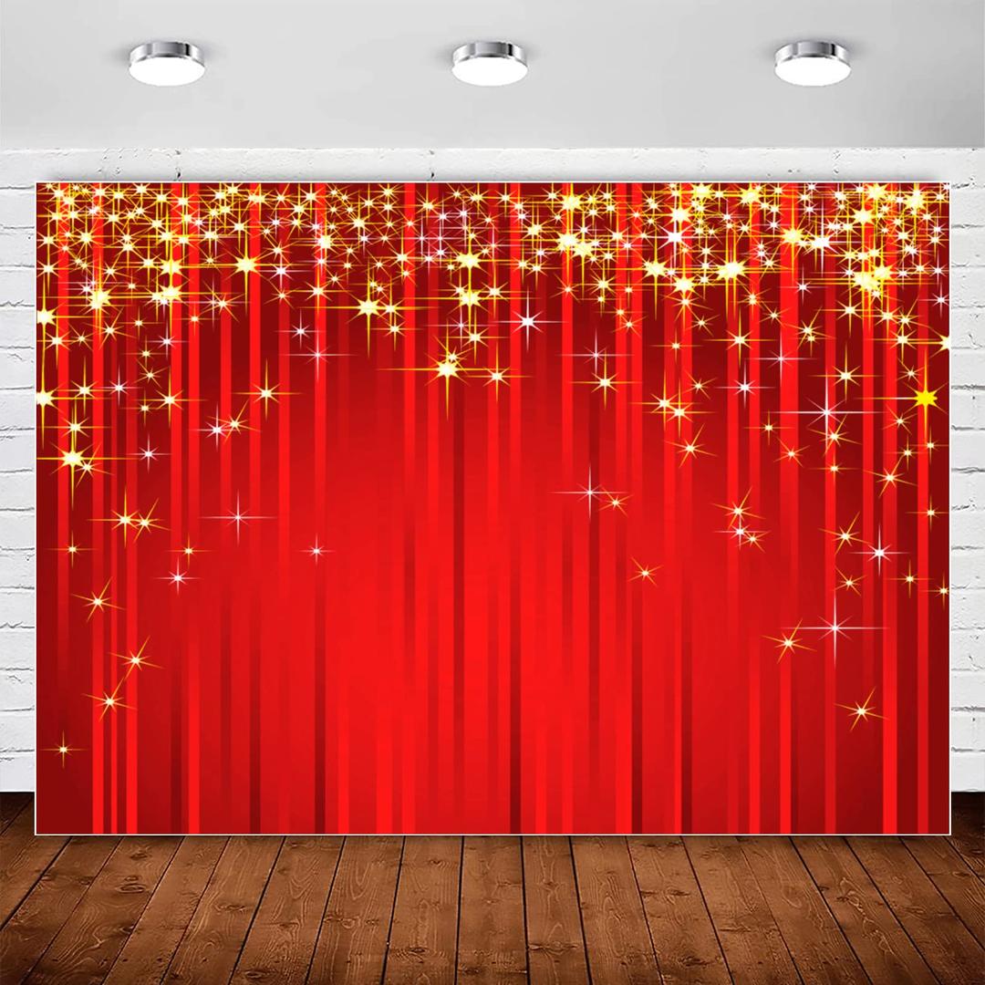 Red and Gold Star Backdrop Red Carpet Curtain Christmas Photography Backdrops Background for Golden Glitter Hollywood Prom VIP Xmas Party Decoration Indian Bday Banner Photo Booth Shoot Backdrop 8x6ft