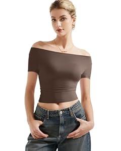 SUUKSESS Women Off The Shoulder Short Sleeve Tops Trendy Cowl Neck Going Out Basic T Shirt (Brown, S)