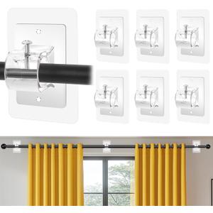 6PCS Self Adhesive Curtain Rod Holder No Drilling,No Drill Curtain Rod Brackets,Renter Friendly Draper Rod Hook,Nail Free Adjustable Non Screw Drapery Pole for Apartment Window Wall Door Ceiling Mount