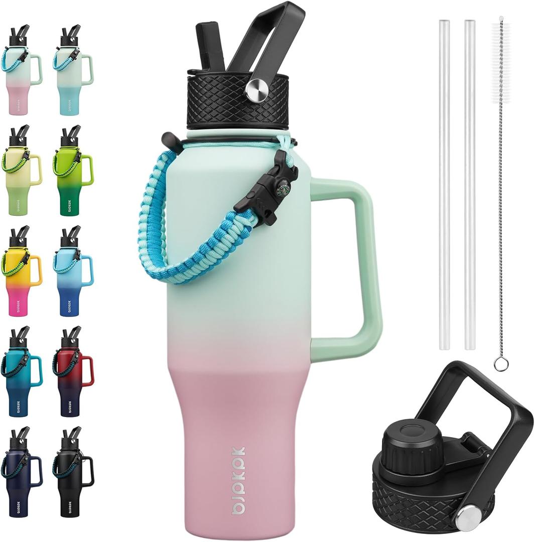BJPKPK Insulated Water Bottles with Straw Lid, 35oz Metal Water Bottle with 2 lids & Paracord Strap, Double Wall Stainless Steel Tumbler with Handle, Reusable Cups, Mugs, Thermo, Marshmallow
