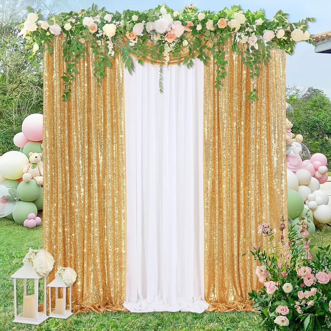 Sequin Backdrop Curtains 2 Pcs 2ftx8ft Gold Glitter Drapes 2 Pcs White Chiffon Backdrops for Wedding Party Background (Pack of 4)