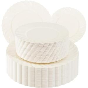U-QE 100 Piece Ivory Scalloped Plastic Plates for Party - Plastic Plates Disposable Heavy Duty - High End Disposable Plates for Party Including 50PCS 9'' & 50PCS 6.5''
