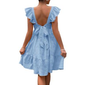 OYOANGLE Women's Maternity Tie Backless Ruffle Trim Short Sleeve Square Neck A Line Dress Solid Plain Flared Dresses (Medium, Light Blue)