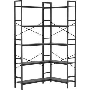Black Corner Bookshelf,5 Tiers Corner Bookcase with Open Storage,L Shaped Shelves for Home Office,Living Room,Bedroom